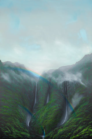 Koolau Waterfall Two Rainbows Giclee